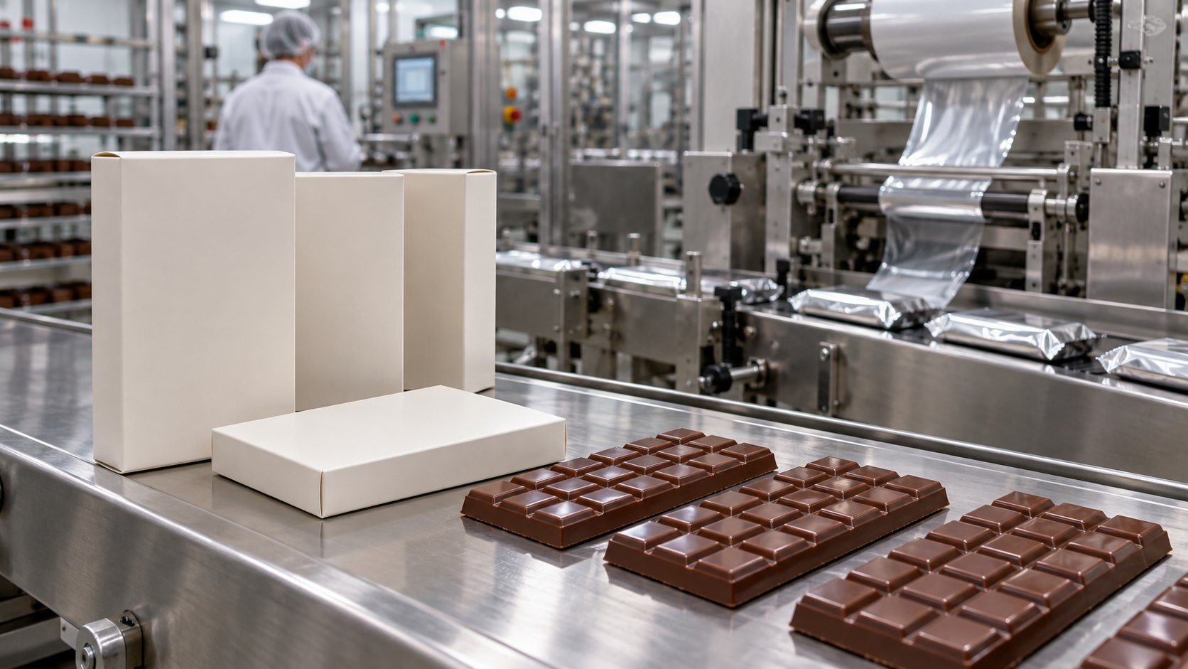 Ligne de production de chocolat à marque privée avec boîtes vierges et barres de chocolat moulées