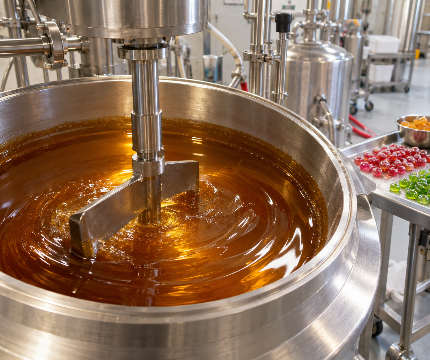 Cooking the Candy Center Before Forming and Coating Stainless vacuum cooker mixing amber sugar syrup for a coated candy process