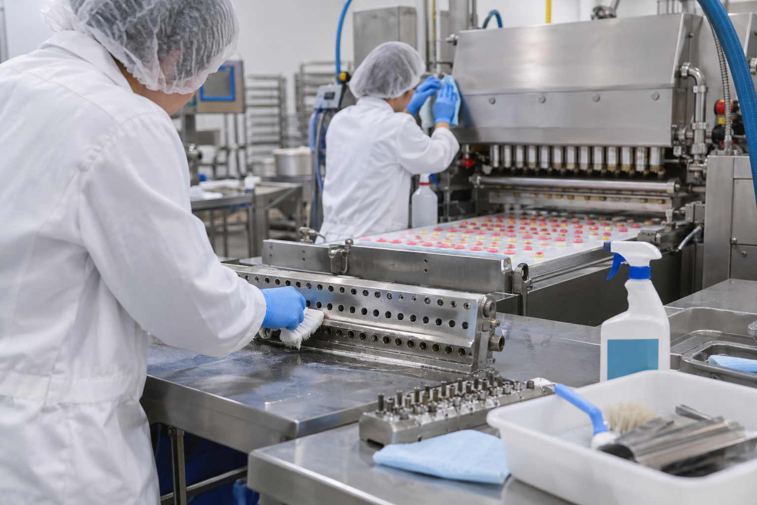 Cleaning and Changeover Controls for Candy Equipment Food-grade operators cleaning a candy depositor, conveyor, and change parts during line changeover