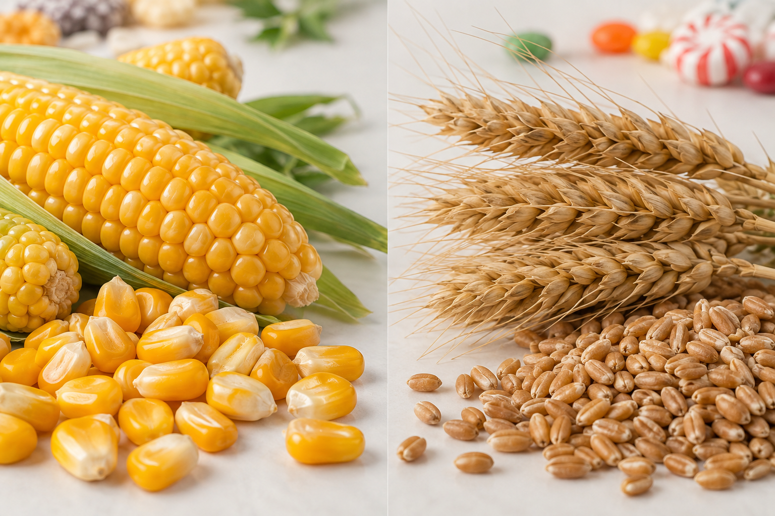 Corn Starch Is Not Wheat Starch Corn kernels and wheat heads shown in a clean split macro composition for ingredient source comparison
