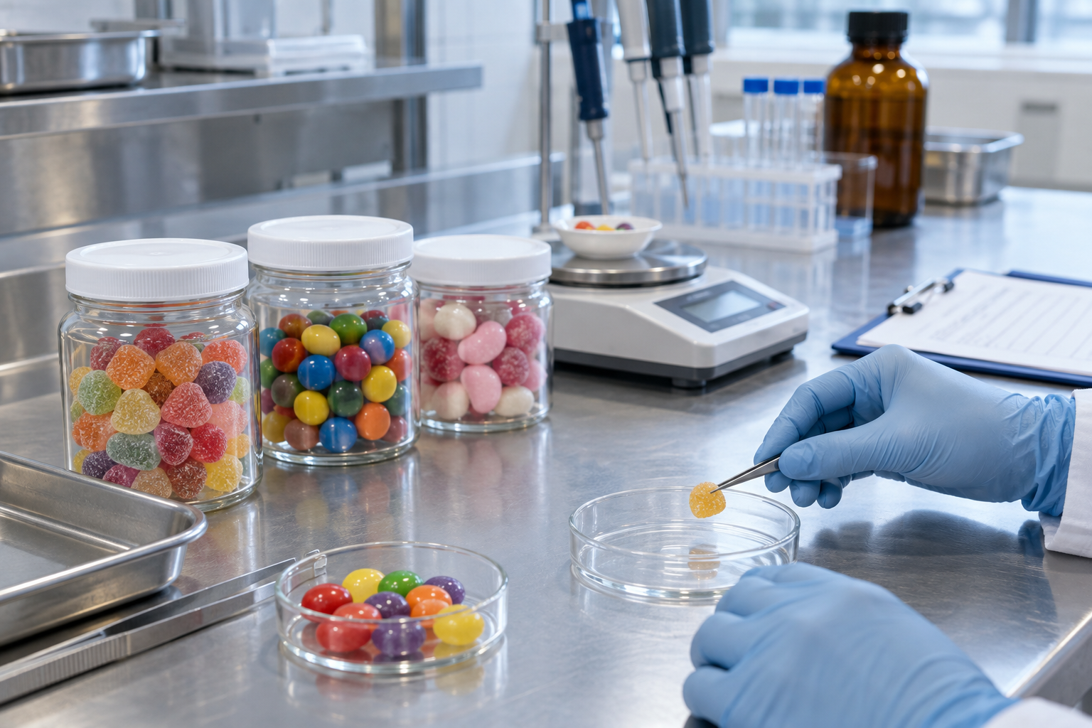 Verifying a Gluten-Free Food Claim Food laboratory bench with sealed candy samples, pipette, clipboard, and label verification setup