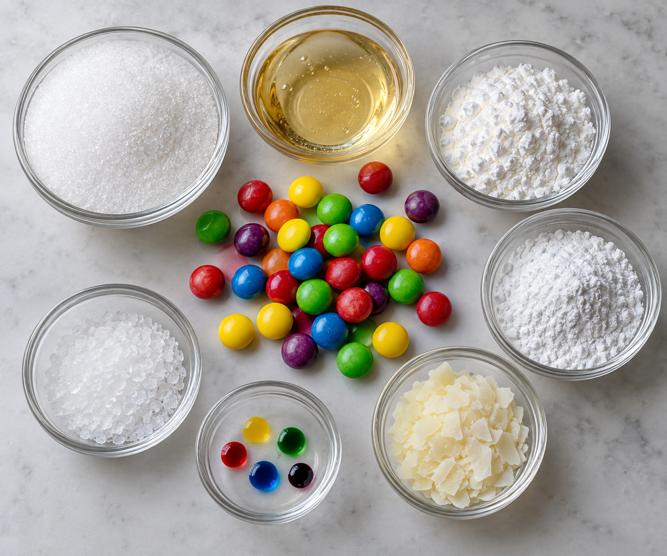 What Are Skittles Made Of? Ingredient Roles Sugar crystals, corn syrup, starch, acids, color droplets, and carnauba wax arranged as a candy ingredient map