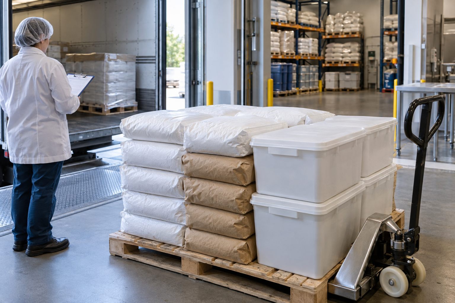 Receiving Ingredients for a Gluten-Conscious Candy Formula Sealed ingredient totes and bags arriving at a clean confectionery facility