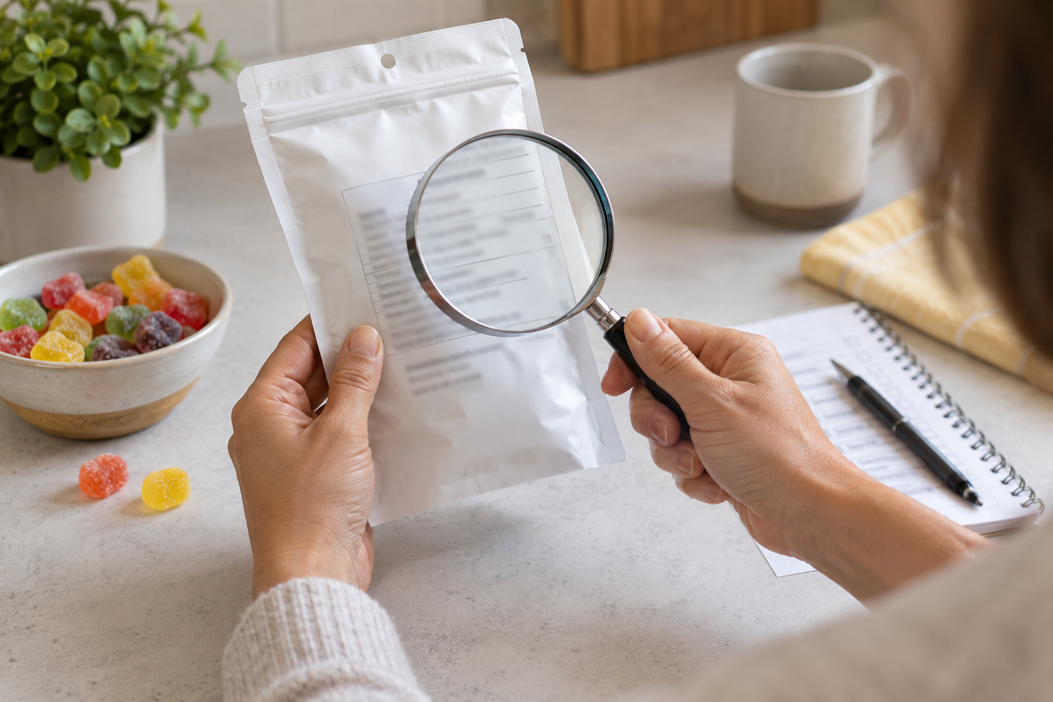 How to Check a Candy Label for Gluten Hands comparing a plain candy pouch ingredient panel with a printed checklist and magnifier