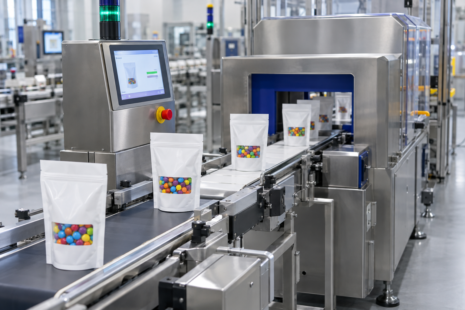 Packaging Quality Control for Candy Products Vision inspection and checkweigher reviewing plain pouches of colorful candy