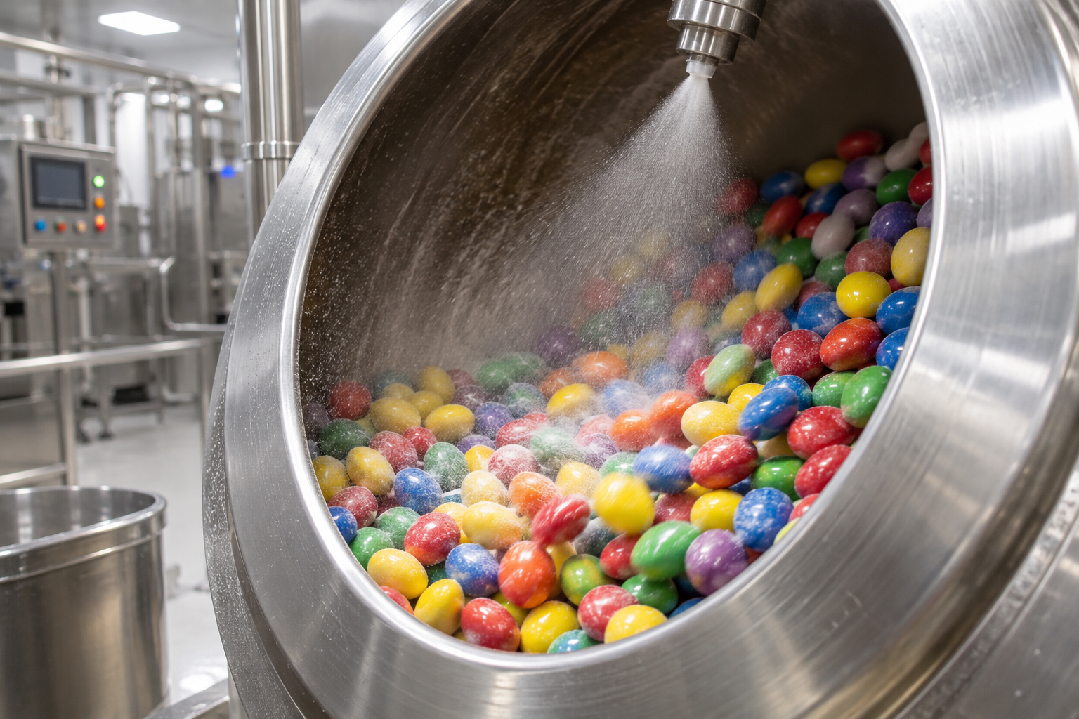 Pan Coating a Colorful Candy Shell Colorful candy centers tumbling inside a rotating coating pan with fine sugar mist
