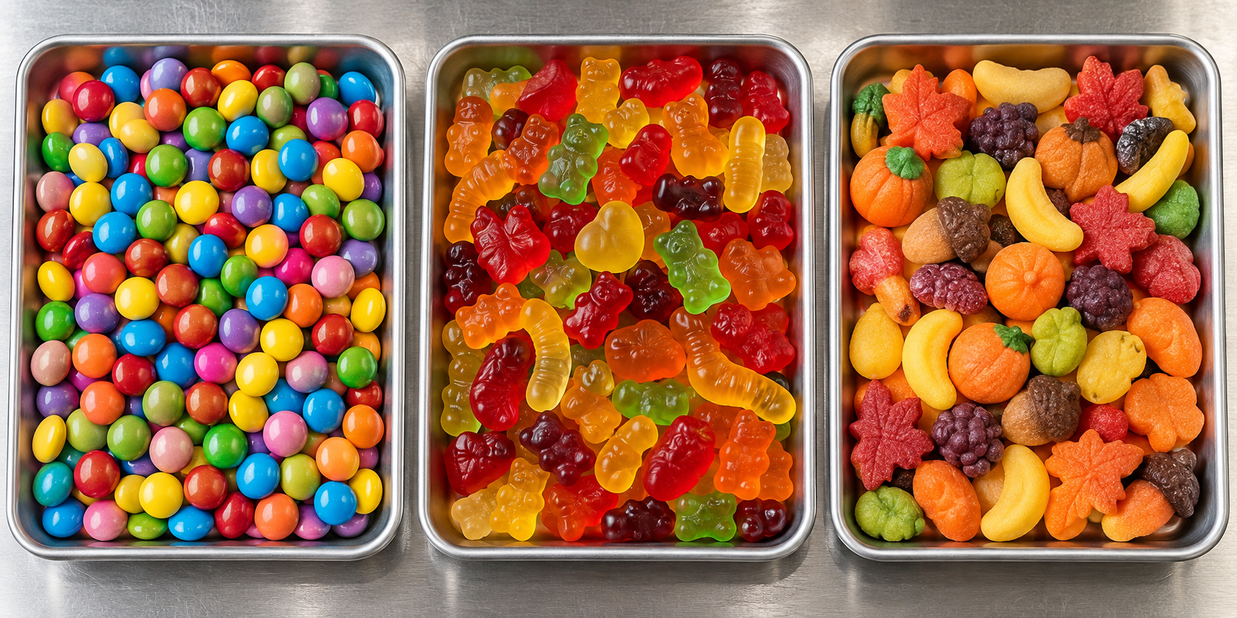 Skittles Product Families Need Separate Label Checks Separate trays of coated fruit candies, soft gummy candies, and seasonal colorful pieces without packaging or logos