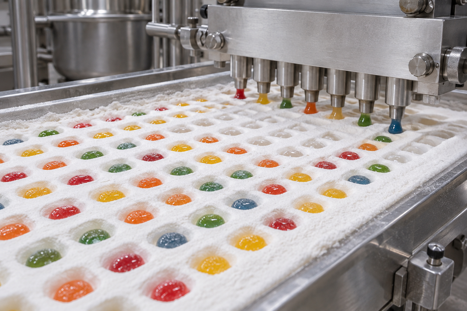 Starch Forming for Consistent Candy Pieces Generic colorful candy centers being deposited into a starch tray in an industrial process