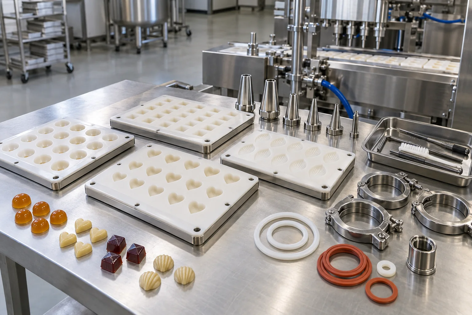 Snoepmachine Vervangonderdelen en Gereedschap Kauwmallenplaten, deposornozzles, sanitaire klemmen, pakkingen en teststukken gerangschikt voor ombouw