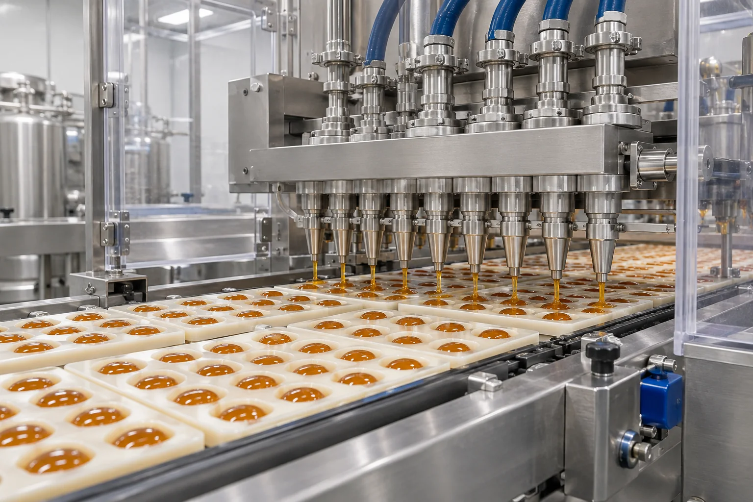 Snoep Depositor Vulvormen Multi-nozzle kauwdepositor die gelijke malholtes vult op een transportband