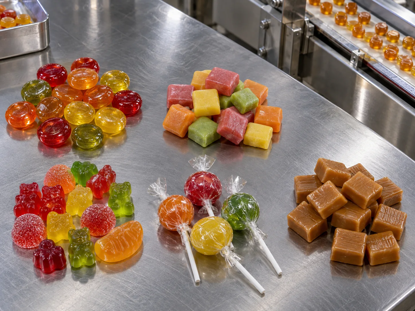 Snoepformaten voor Machinekeuze Hard candies, zachte candies, gummies, lolly's en karamelstukjes op een roestvrijstalen inspectietafel