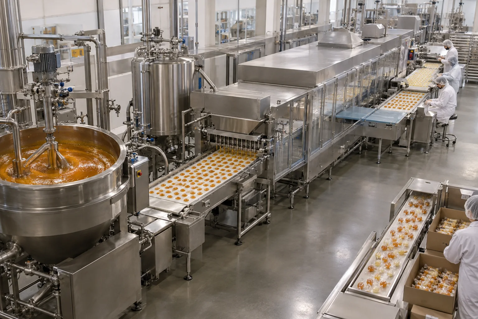 Overzicht van het Snoepproductieproces Verhoogd uitzicht op een verbonden kauwproductieroute van koken tot verpakken
