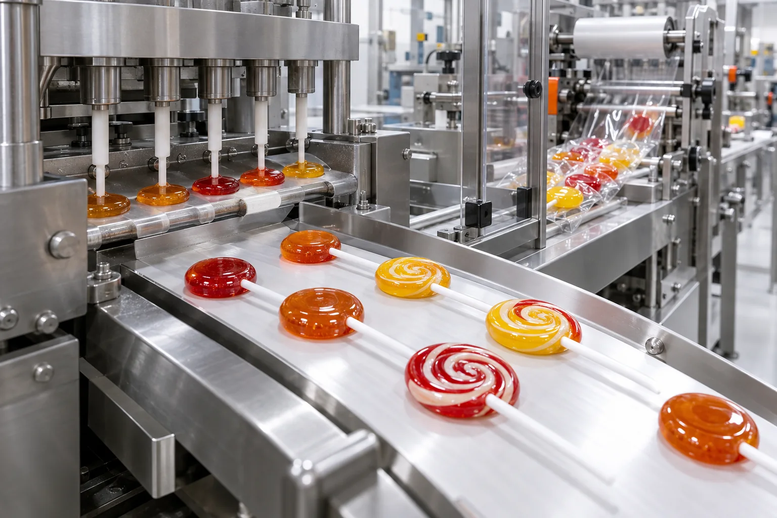 Lollyvormgeving en Stokinvoeging Industriële lollyvorming en stok-invoermachine met beveiligde transportband