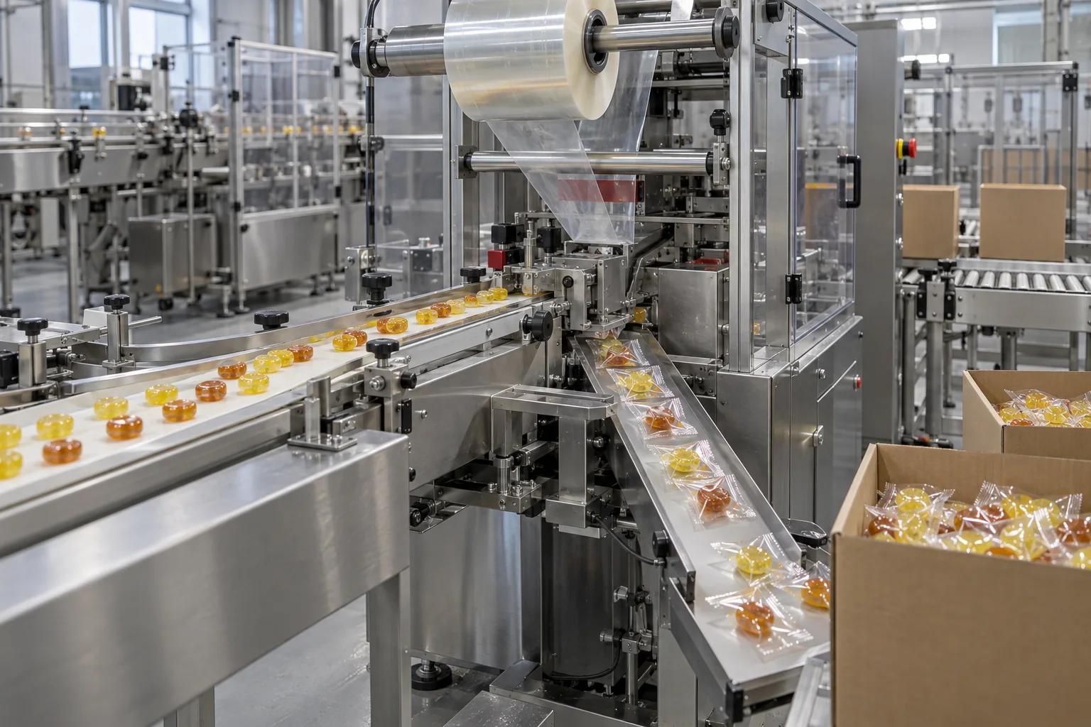 Snoepstroom Verpakkings- en Doosverpakkings Kauwwikkelverpakkingsmachine die heldere onbedrukte verpakkingen produceert na een roestvrijstalen transportband