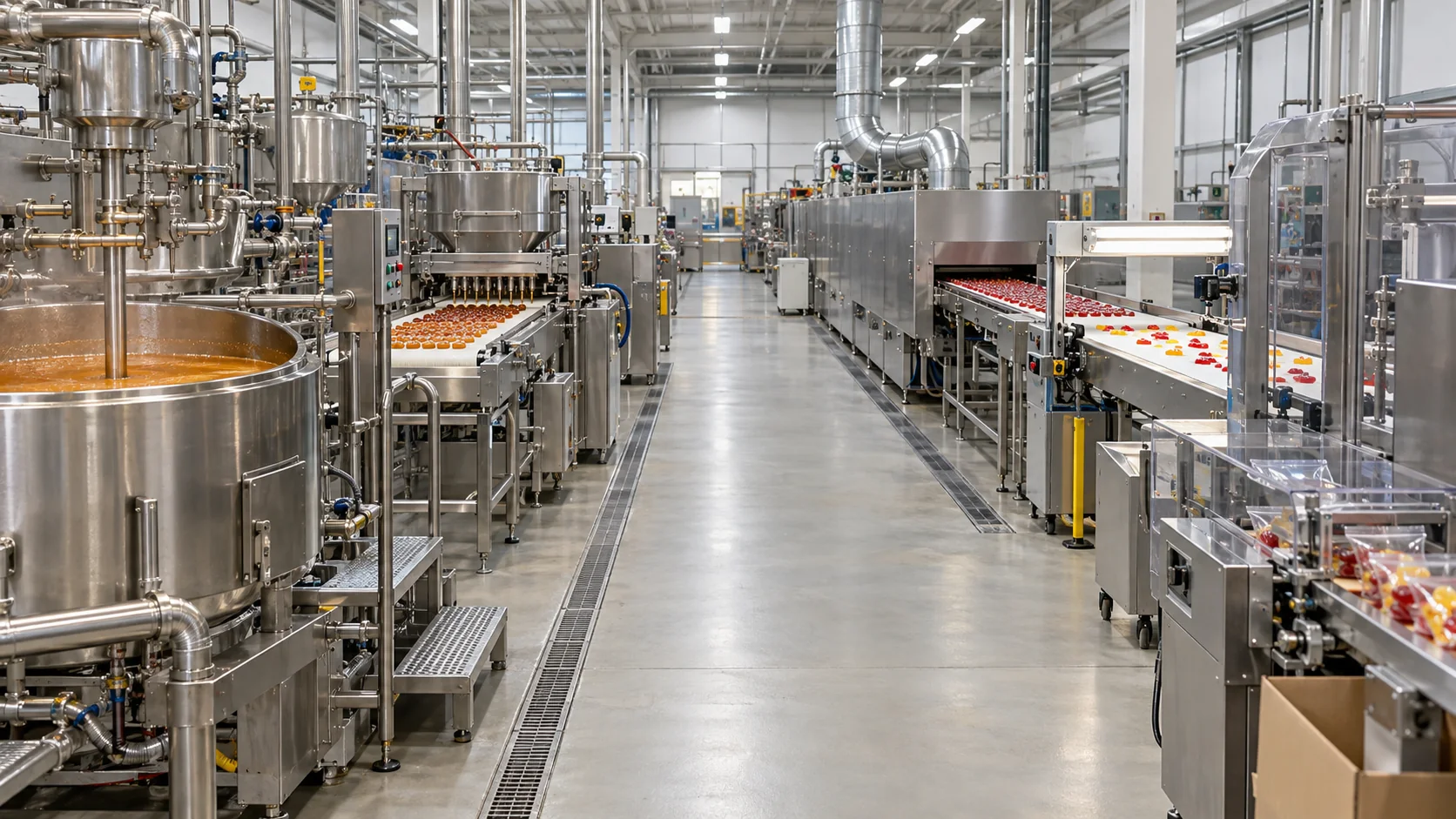 Kauwsproductie Productievloer Brede schone productievloer voor confectionery met verbonden kauwverwerkings- en verpakkingscellen