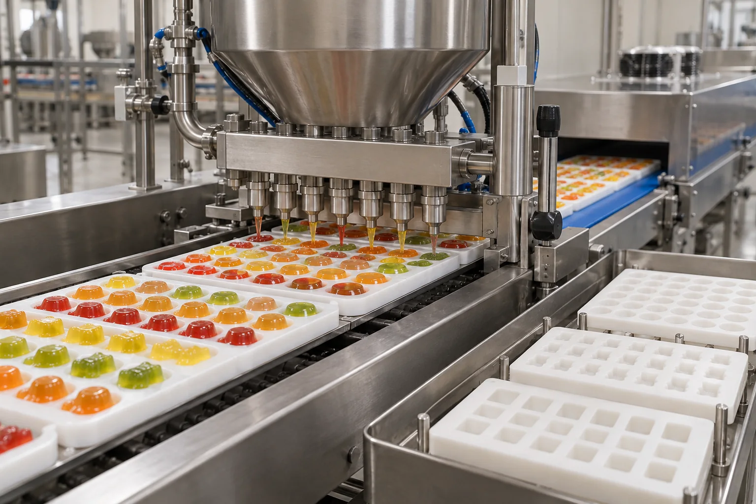Zacht Snoep en Gummy Depositeringsstation Zachte candy- en gummy-depositiestation met mallen en een beveiligde transportband