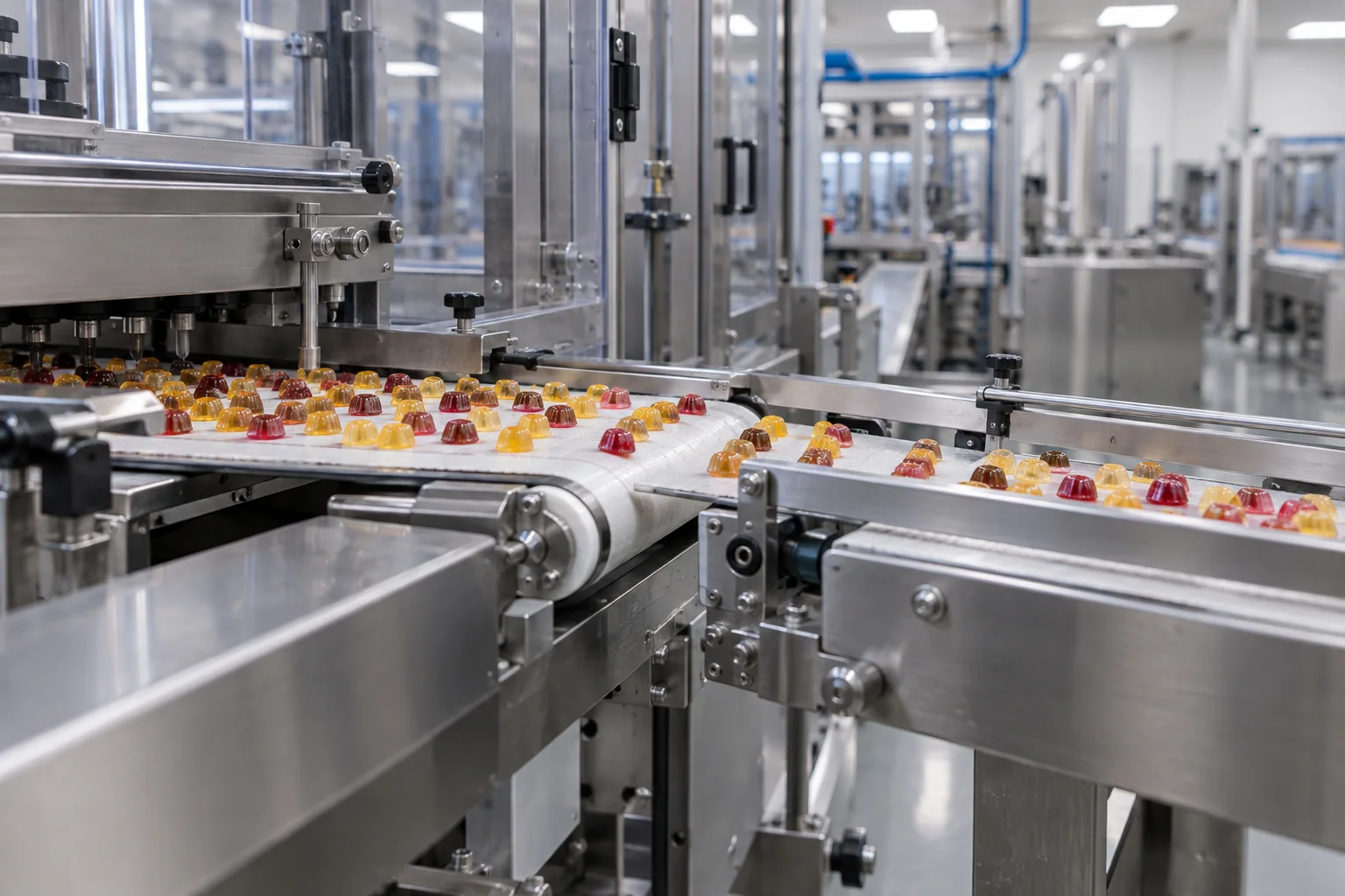 Candy Conveyor Transferpunt Gesynchroniseerde kauwtransport van een deposoroute naar koeling en inspectie
