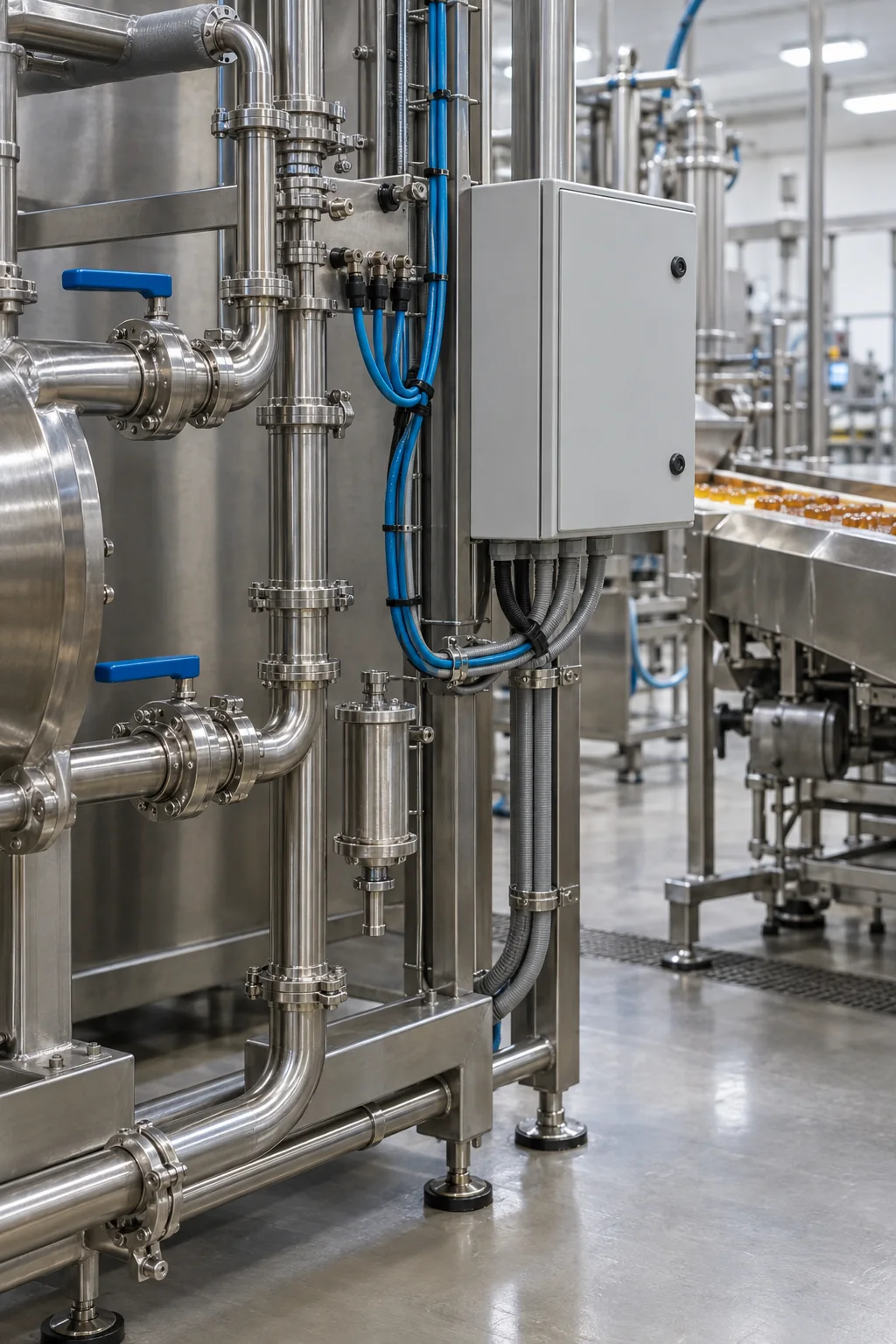 Snoeplijn Hulpmiddelen en Bediening Sanitaire kauwproductielijn nutsvoorzieningspijpleidingen, blauwe pneumatische lijnen en een onbedrukte bedieningskast