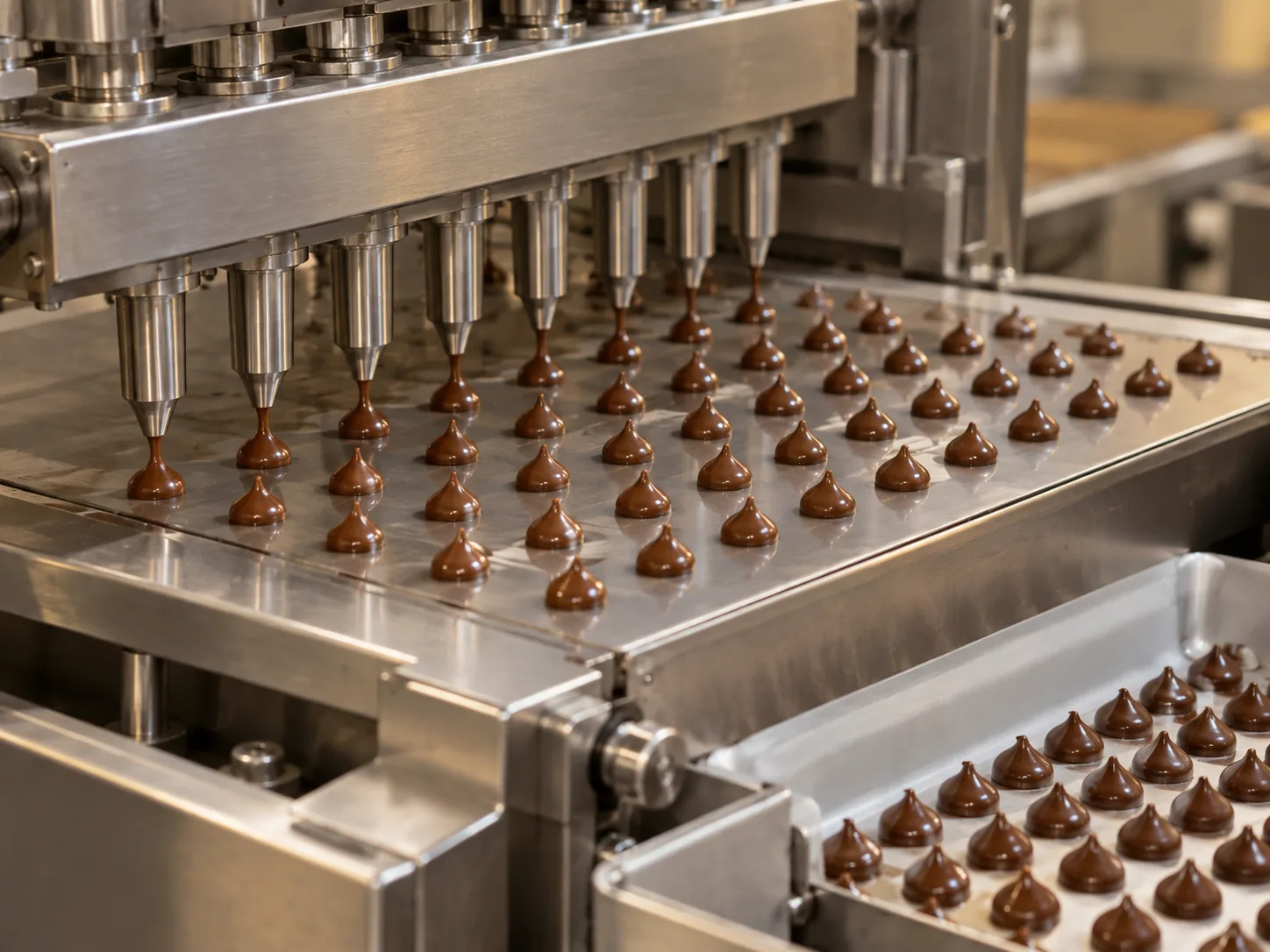 Mesin Deposito Cokelat Chip Tetes cokelat yang dideposisikan dalam baris rapi oleh mesin cokelat multi-nozzle ke atas sabuk stainless yang didinginkan