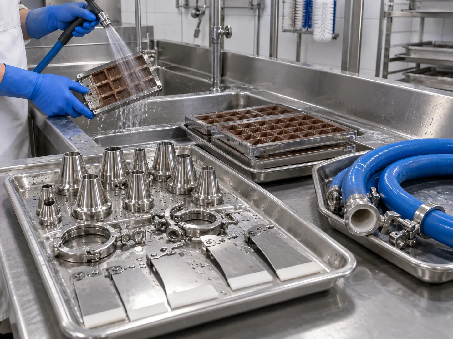 Suku Cadang Pembersihan dan Sanitasi Mesin Cokelat Pekerja berlapis sarung tangan membilas pelat cetak cokelat, nozzle, selang, dan bilah scraper di stasiun pencucian stainless