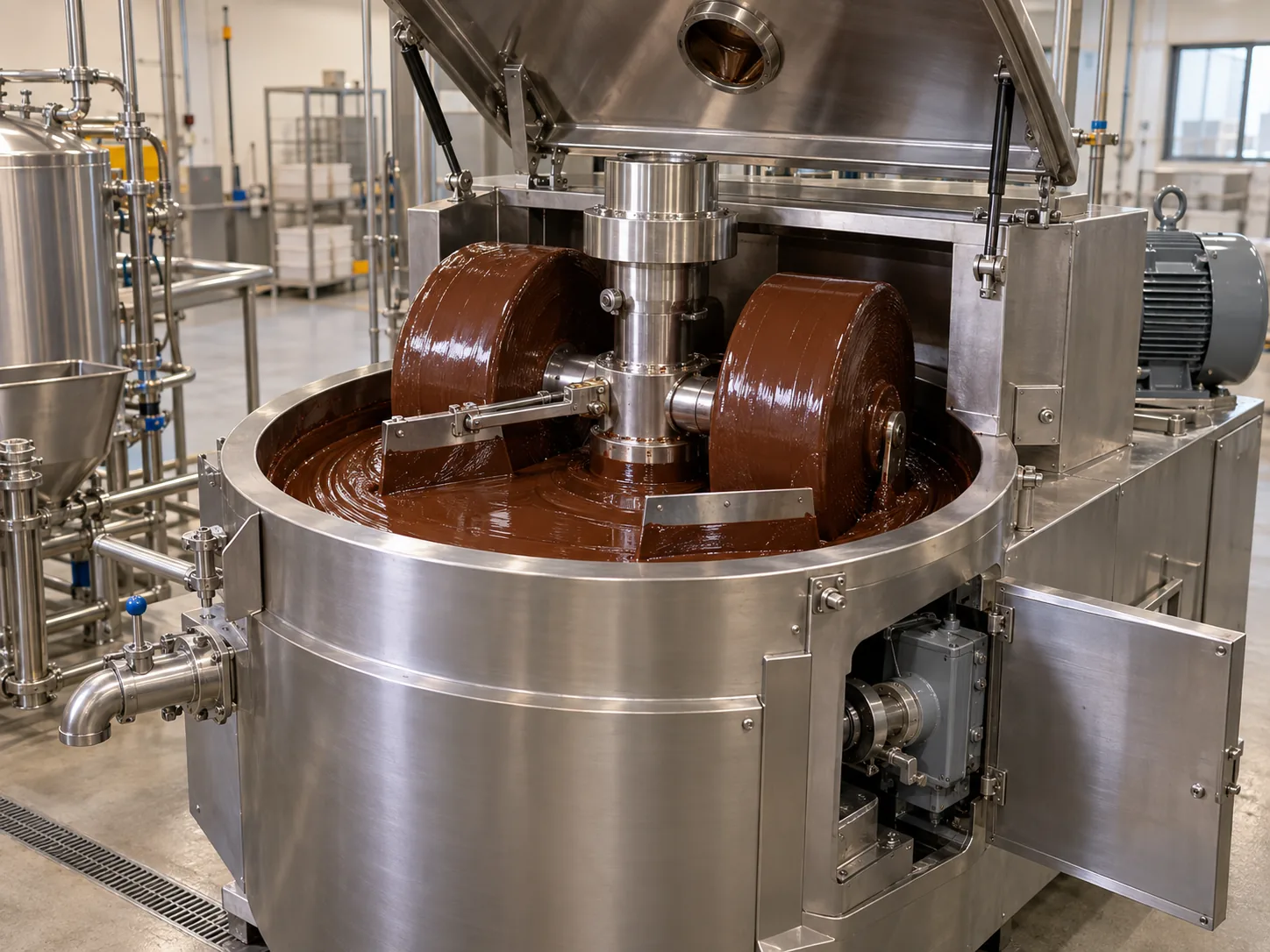 Mesin Conche dan Penghalus Cokelat Conche dan penghalus cokelat stainless dengan rol pencampur dan panel akses layanan