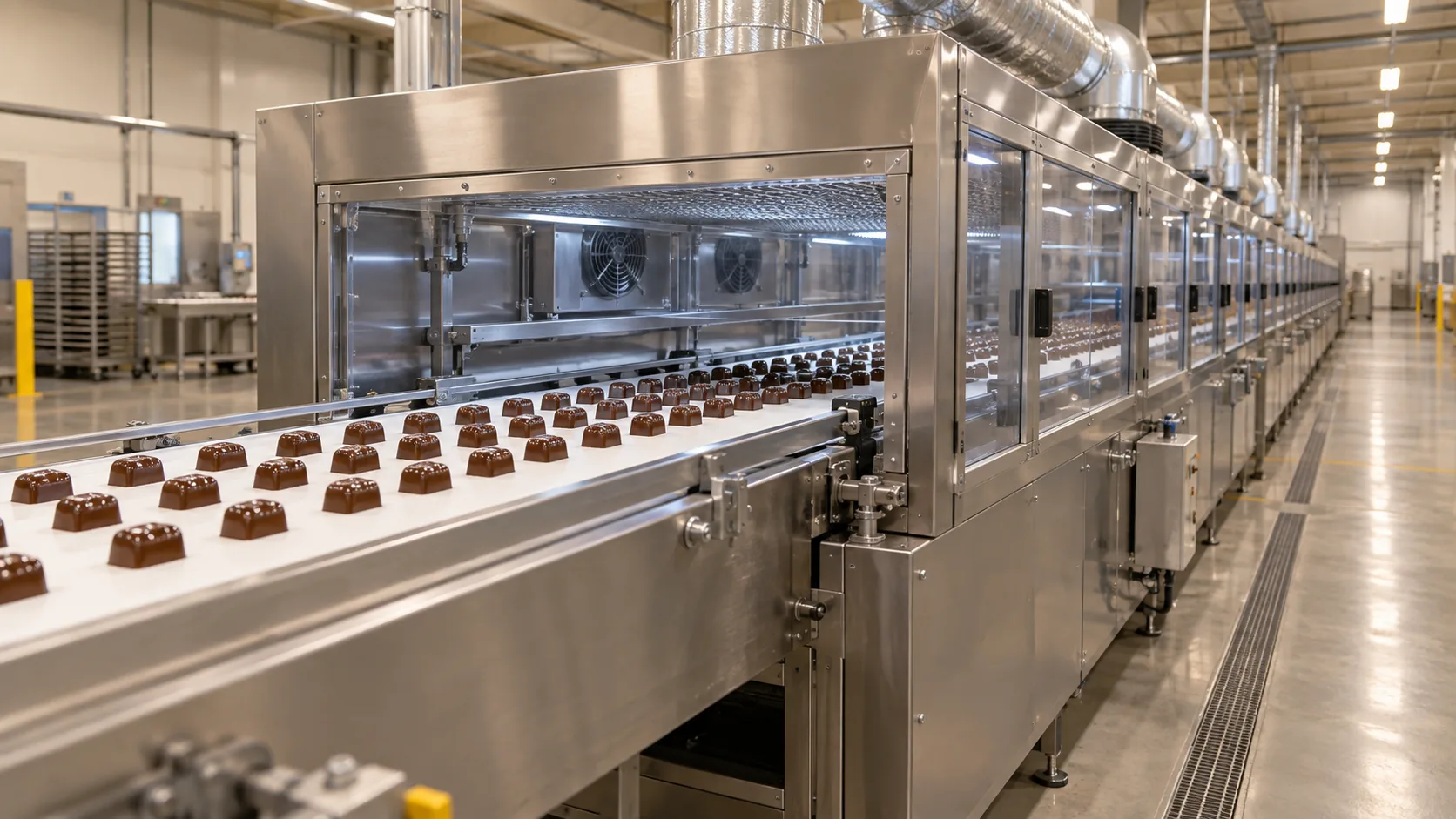 Terowongan Pendingin Cokelat untuk Jalur Produksi Terowongan pendingin cokelat stainless panjang yang membawa potongan cetakan yang terdistribusi merata di atas konveyor putih