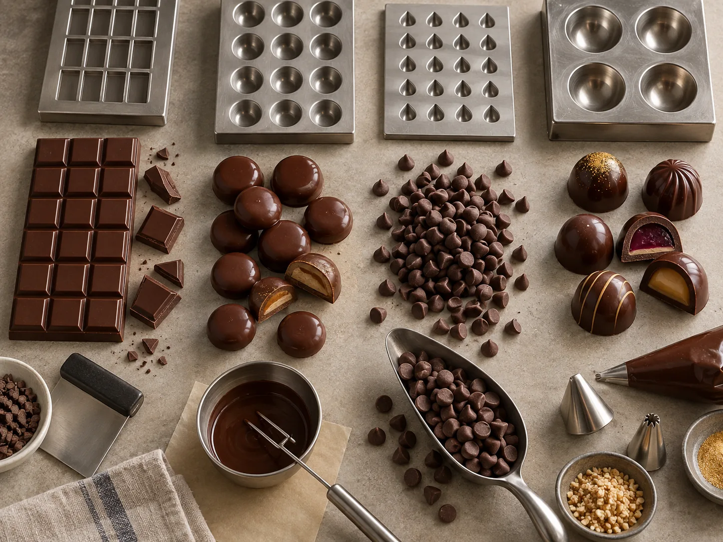 Format Cokelat untuk Pemilihan Mesin Batangan cokelat cetak yang dilapisi cokelat tengah, chip cokelat, dan potongan isi dengan peralatan mesin netral