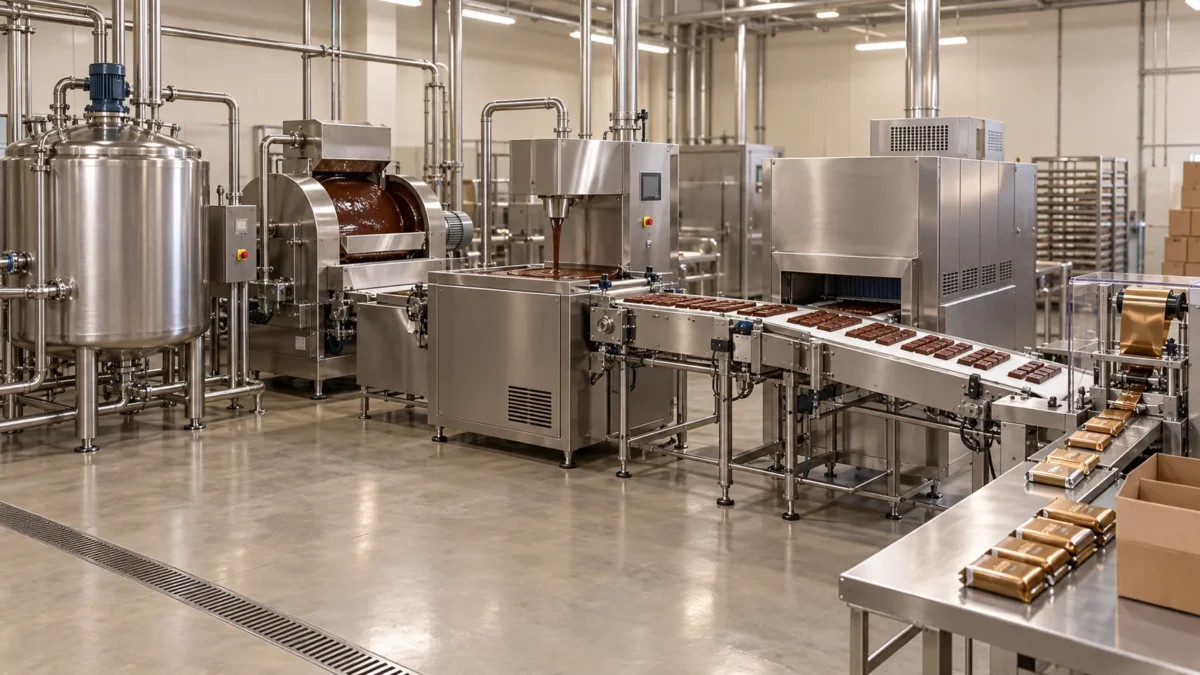 Stainless chocolate making machine line with melting tank conche tempering molding cooling and packing stages