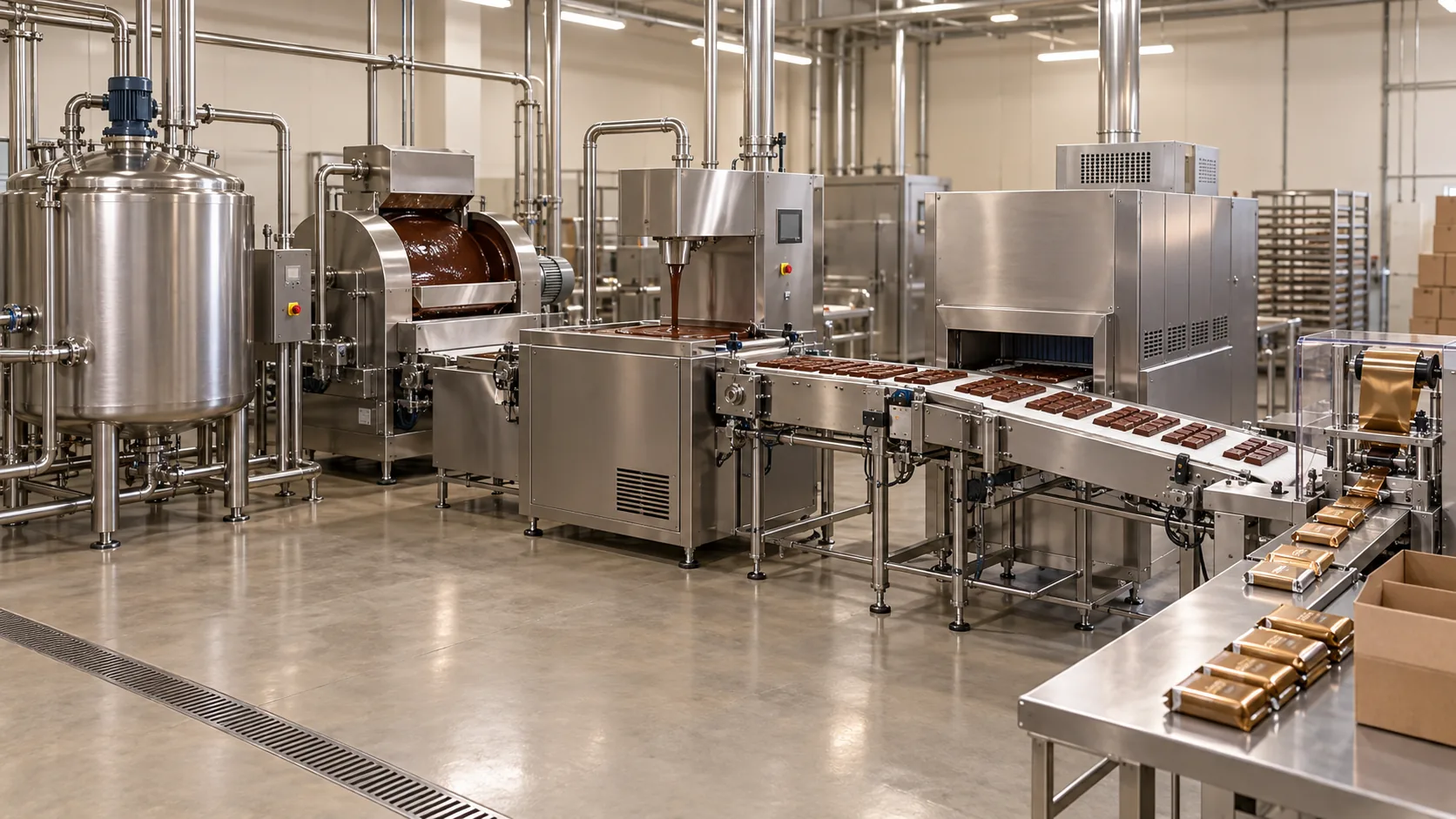 Stainless chocolate making machine line with melting tank conche tempering molding cooling and packing stages