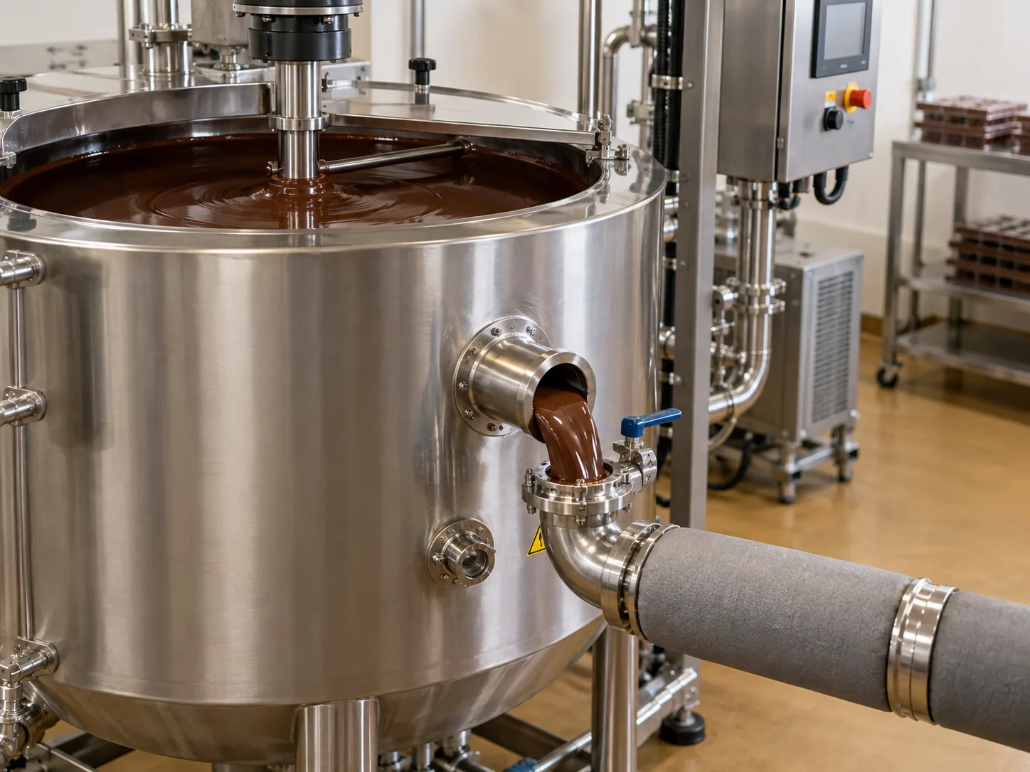 Tangki Pelelehan dan Penahanan Cokelat Tangki leleh dan penampung cokelat stainless berpelapis dengan saluran keluar sanitasi dan pipa transfer berinsulasi