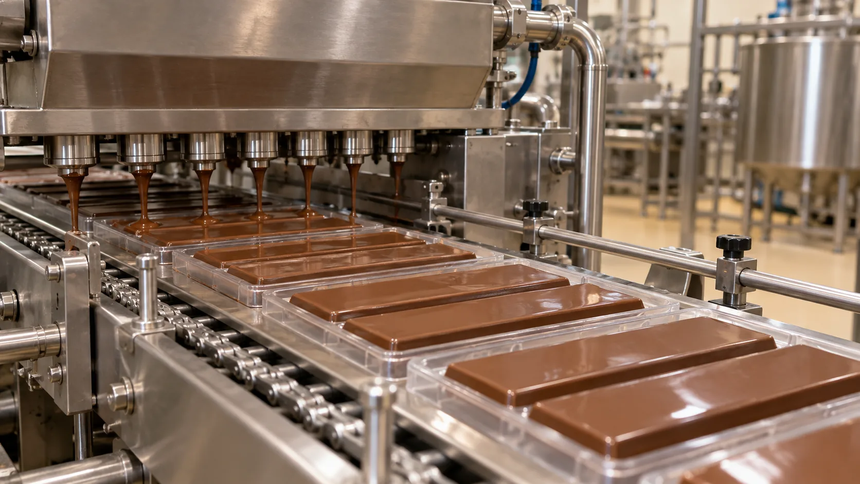 Mesin Cetak Cokelat dengan Cetakan Batang Mesin pencetak cokelat yang menempatkan cokelat ke dalam cetakan batang bening di atas konveyor stainless