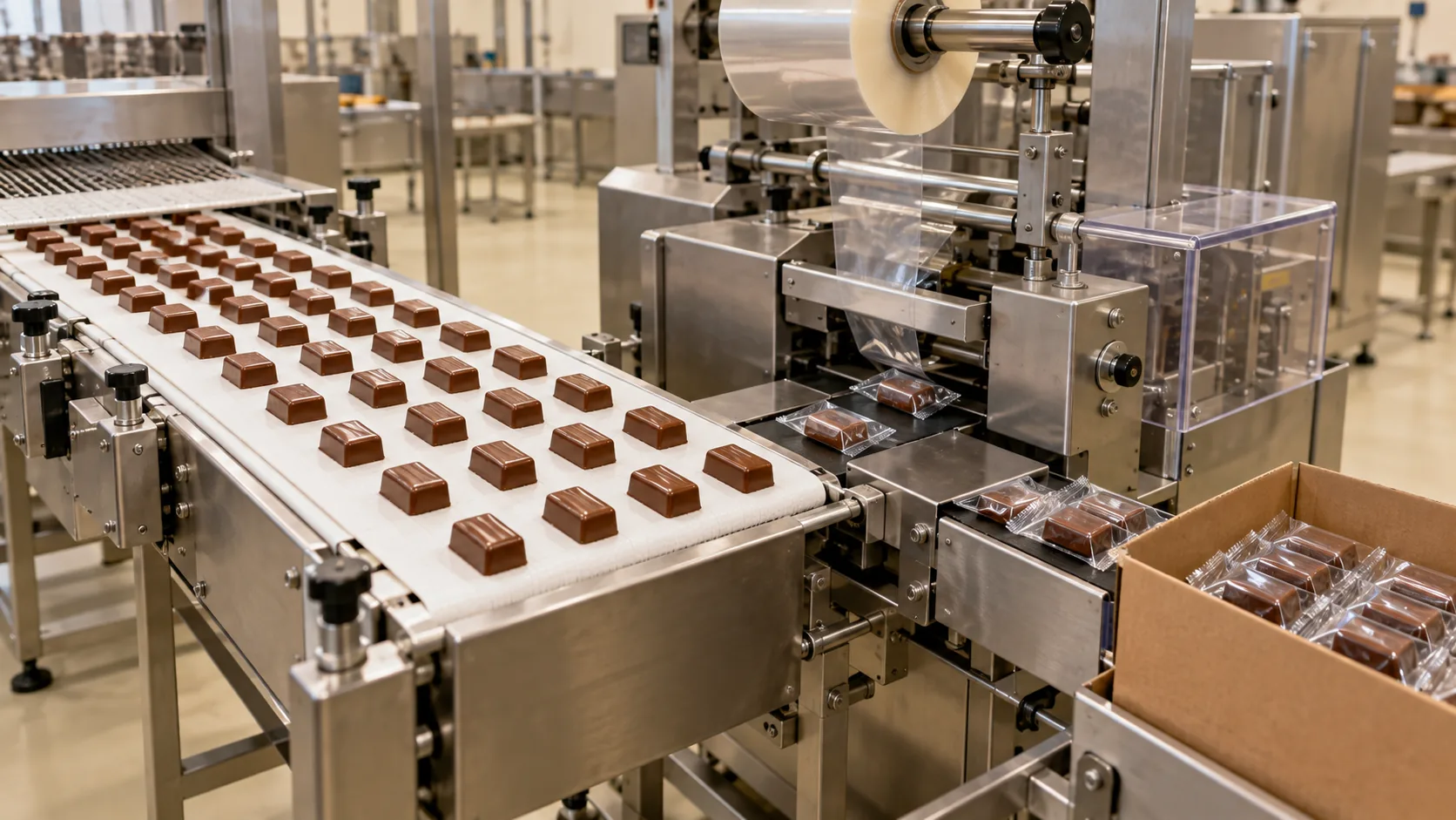 Penyerahan Kemasan Mesin Cokelat Potongan cokelat tanpa merek bergerak dari konveyor pendingin ke dalam pembungkus aliran horizontal dan penanganan pengemasan kotak