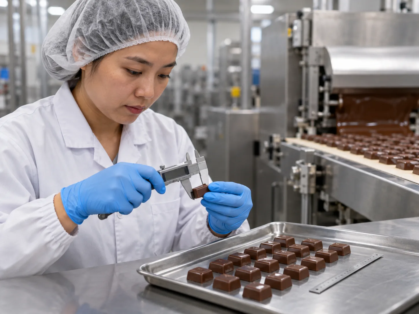 Pemeriksaan Kualitas Produk Cokelat Teknisi kualitas makanan Asia mengukur potongan cokelat seragam dengan kaliper di samping jalur produksi