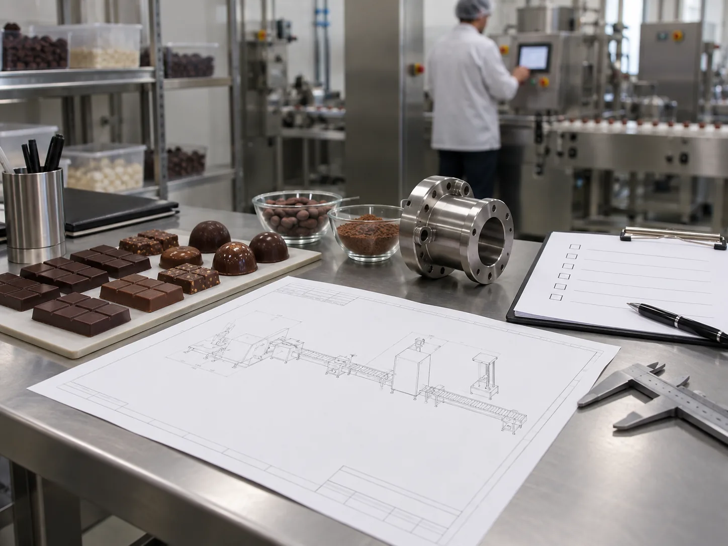 Persiapan RFQ Mesin Pembuat Cokelat Contoh produk cokelat, gambar teknis jalur produksi, kaliper, dan daftar periksa RFQ kosong di meja pengadaan