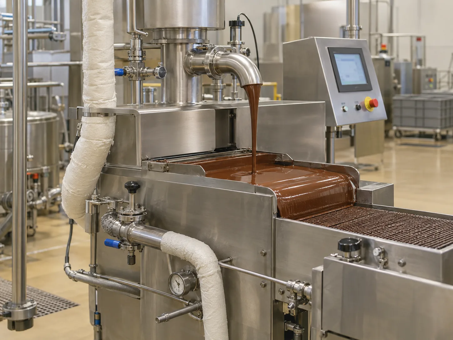 Mesin Tempering Cokelat dalam Jalur Produksi Mesin temper cokelat stainless dengan pipa berinsulasi dan aliran cokelat yang dikendalikan