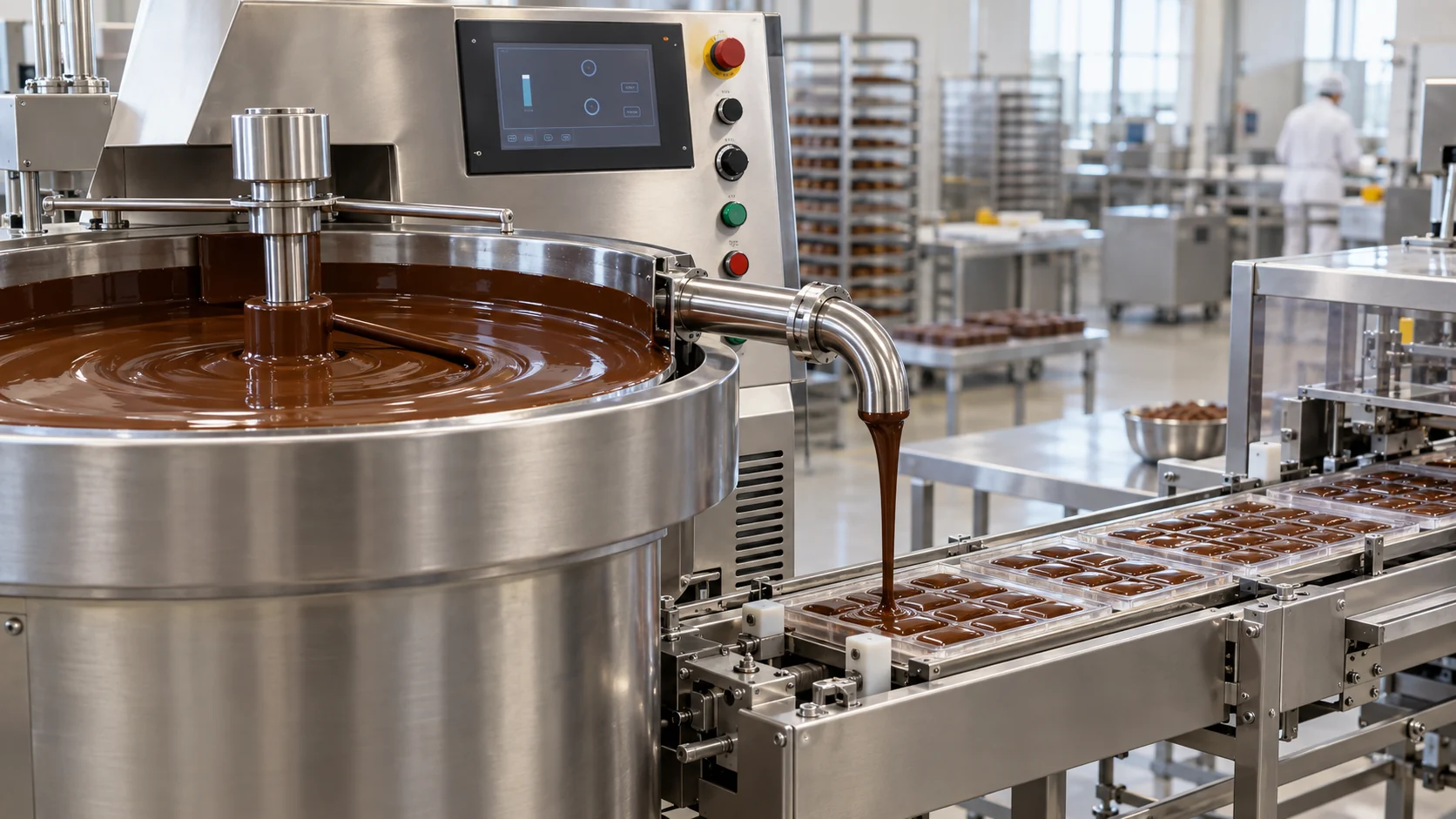 Machine de tempérage du chocolat en acier inoxydable sans marque alimentant du chocolat brillant dans des moules sur une ligne de production propre