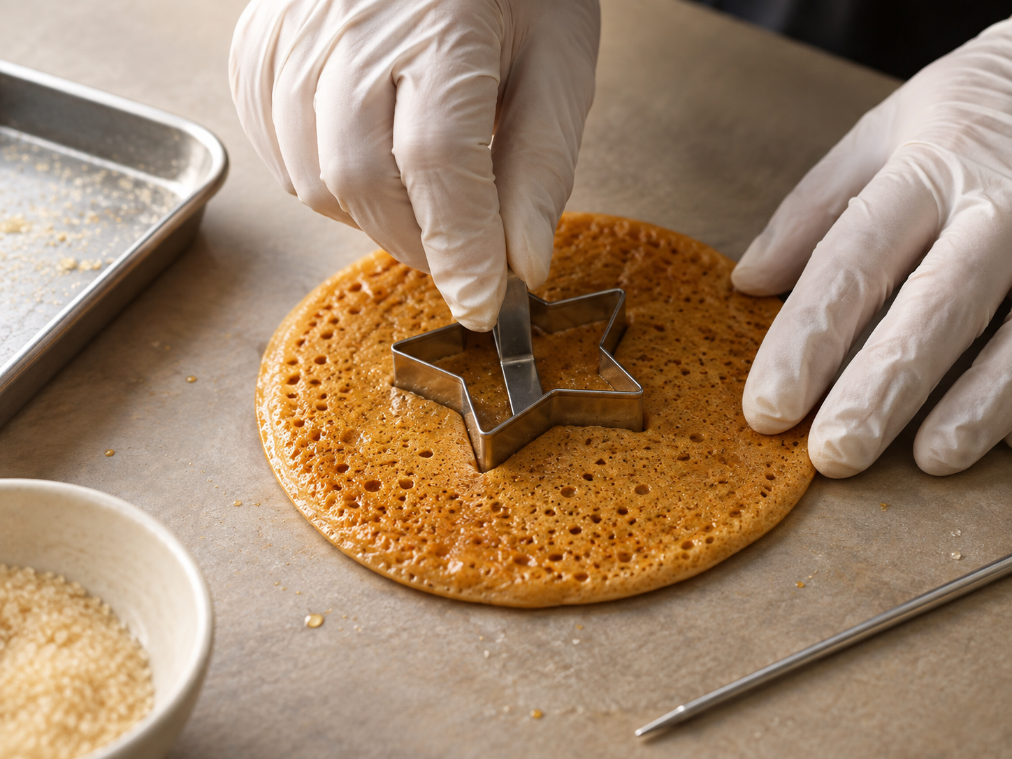 Caramelized sugar foam disk pressed with a simple geometric mould on a plain work surface