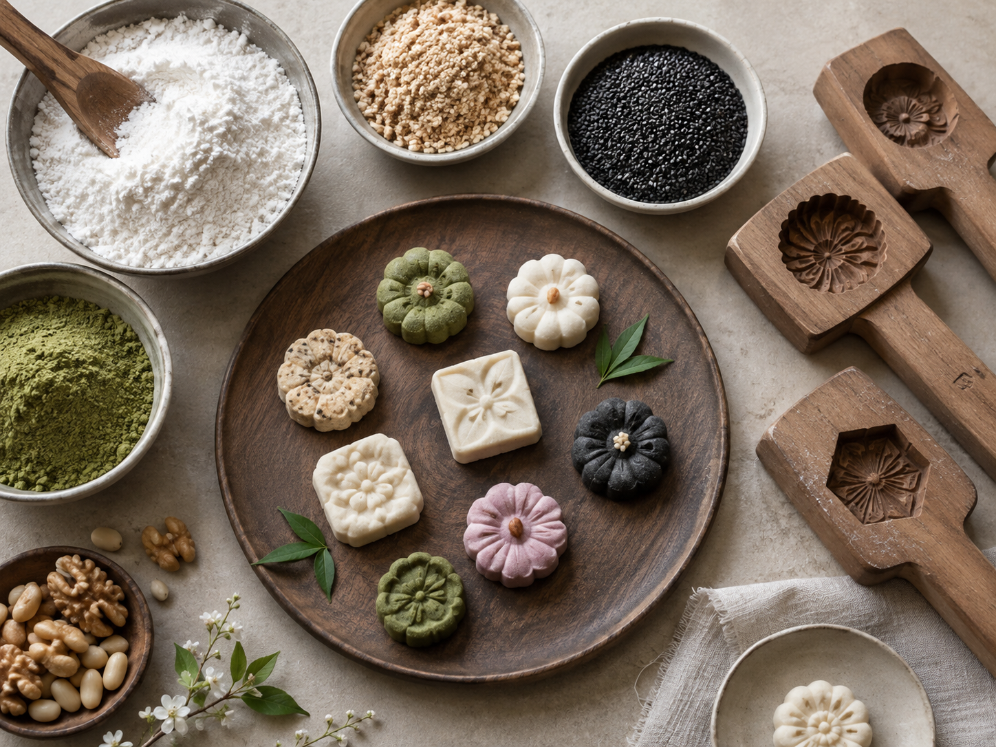 Fine grain and nut powders beside plain decorative moulds and finished pressed sweets