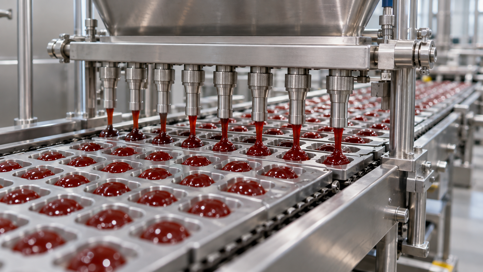 Generic confectionery depositor placing candy mass into repeated moulds on a clean production line