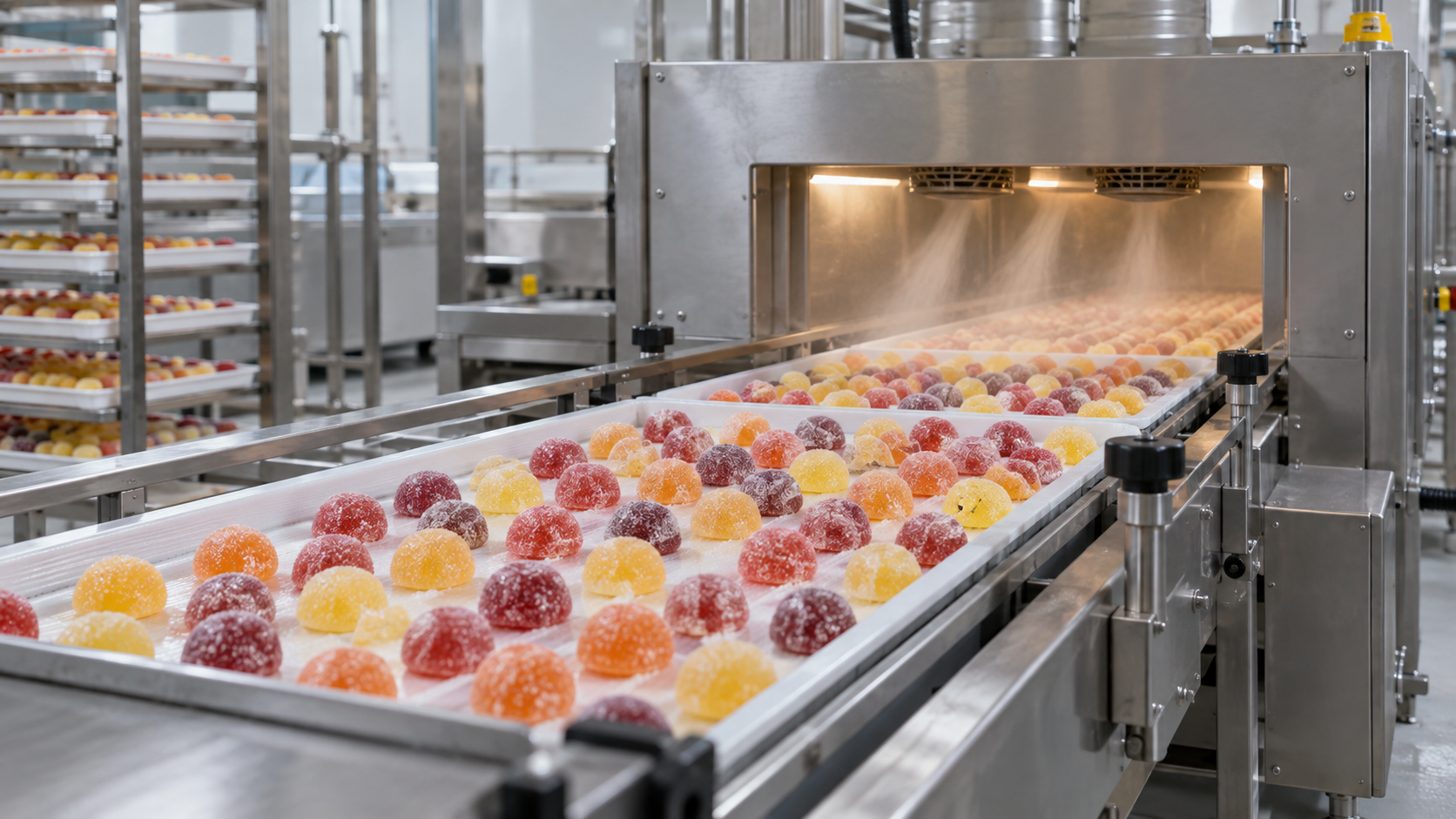 Generic confectionery conveyor carrying sweets through a drying and light coating stage