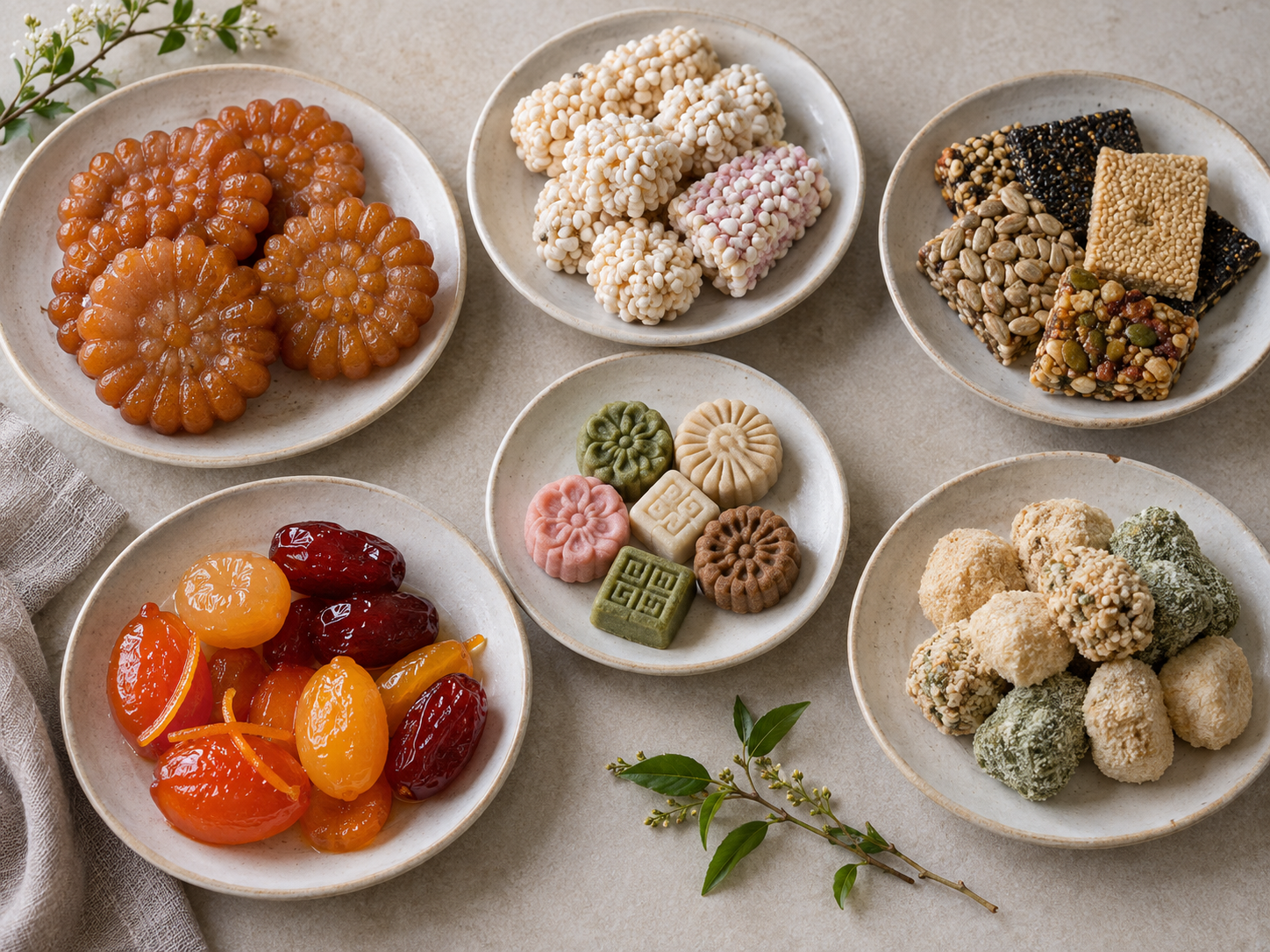 Overhead arrangement of generic yakgwa style cookies puffed rice sweets pressed dasik and glazed fruit pieces