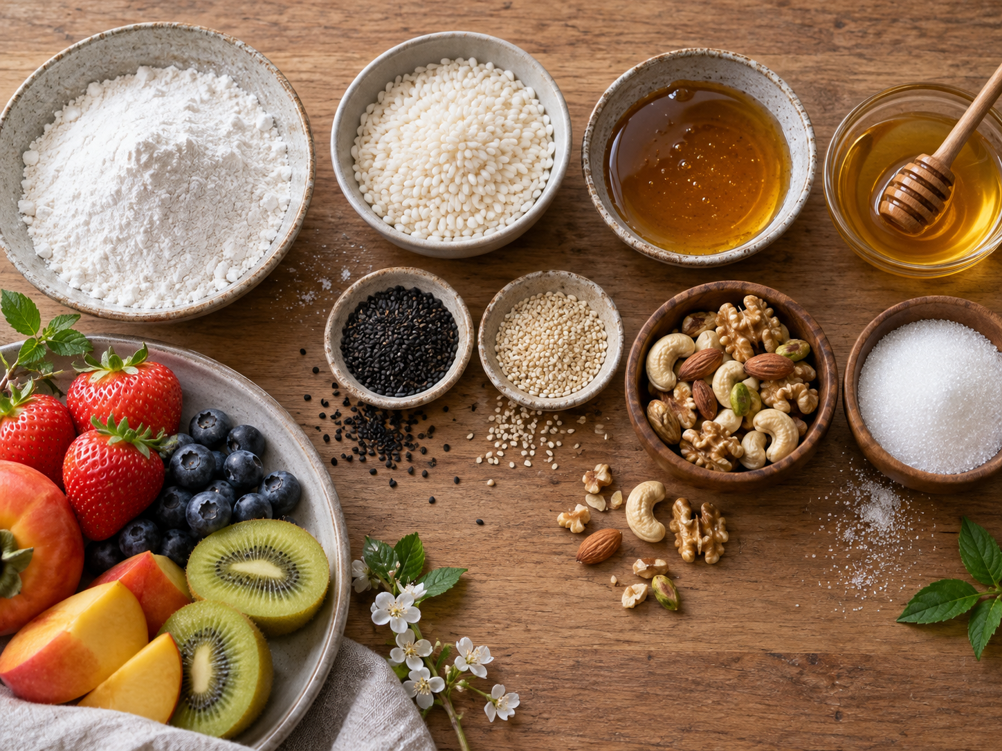 Rice flour glutinous rice malt syrup honey sesame nuts sugar and fruit arranged as a confectionery ingredient board