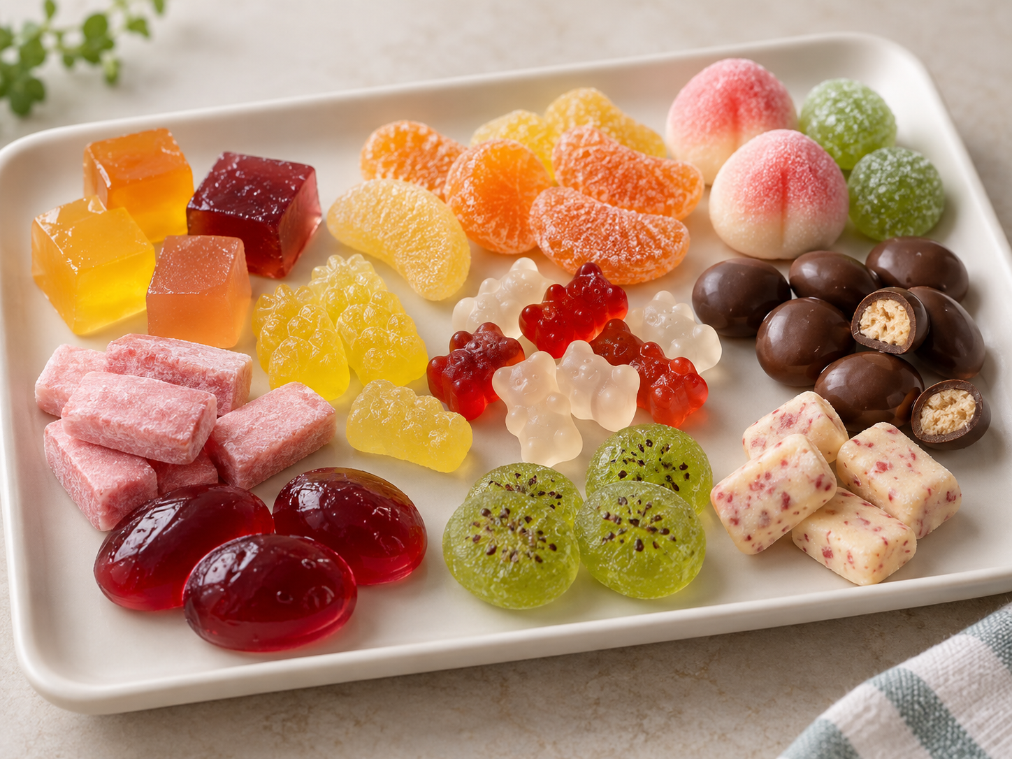 Unbranded modern jelly gummy fruit chew and chocolate coated Korean style sweets arranged for product comparison