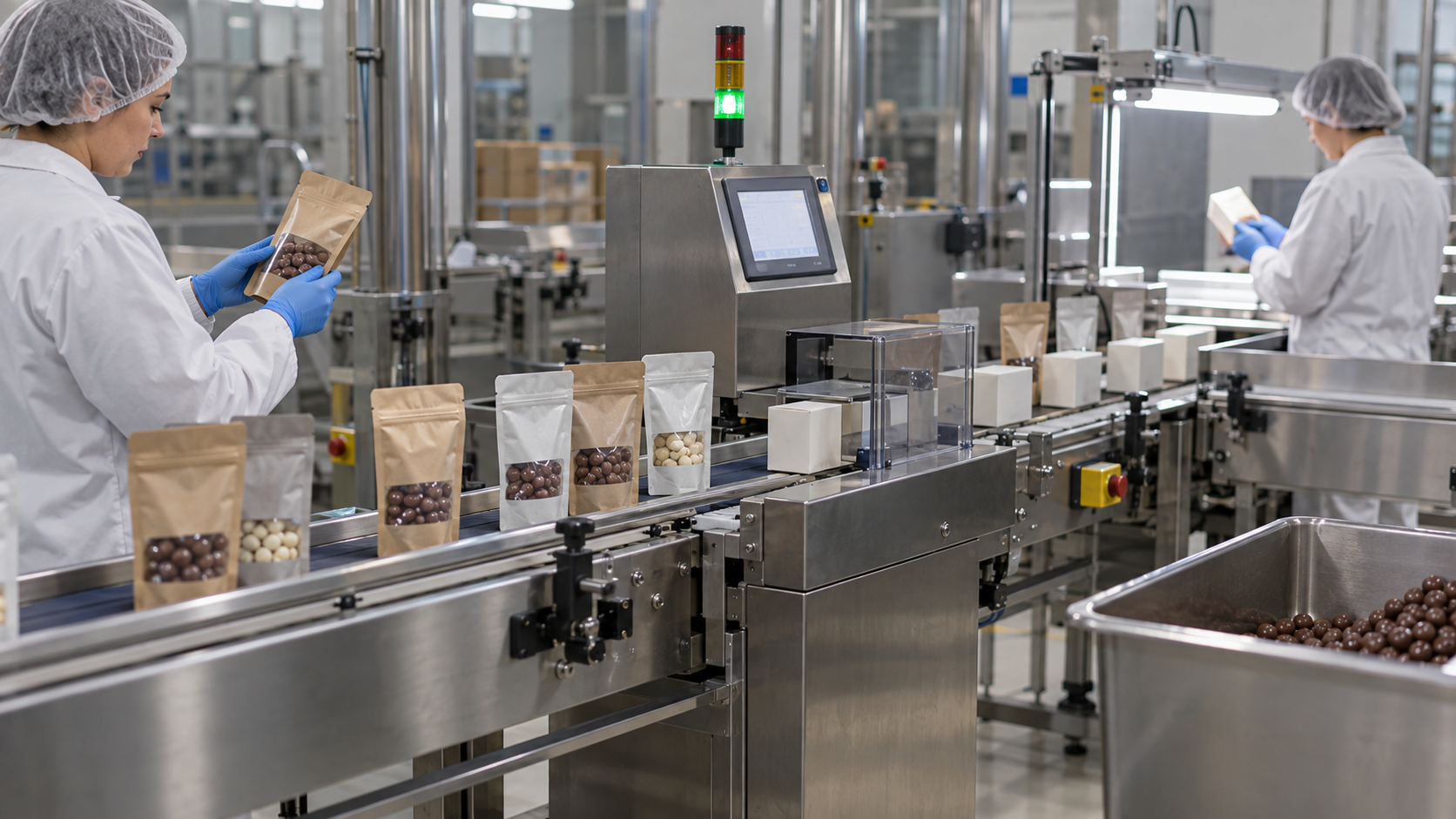 Plain unbranded pouches and cartons moving through a confectionery packing and checkweighing line
