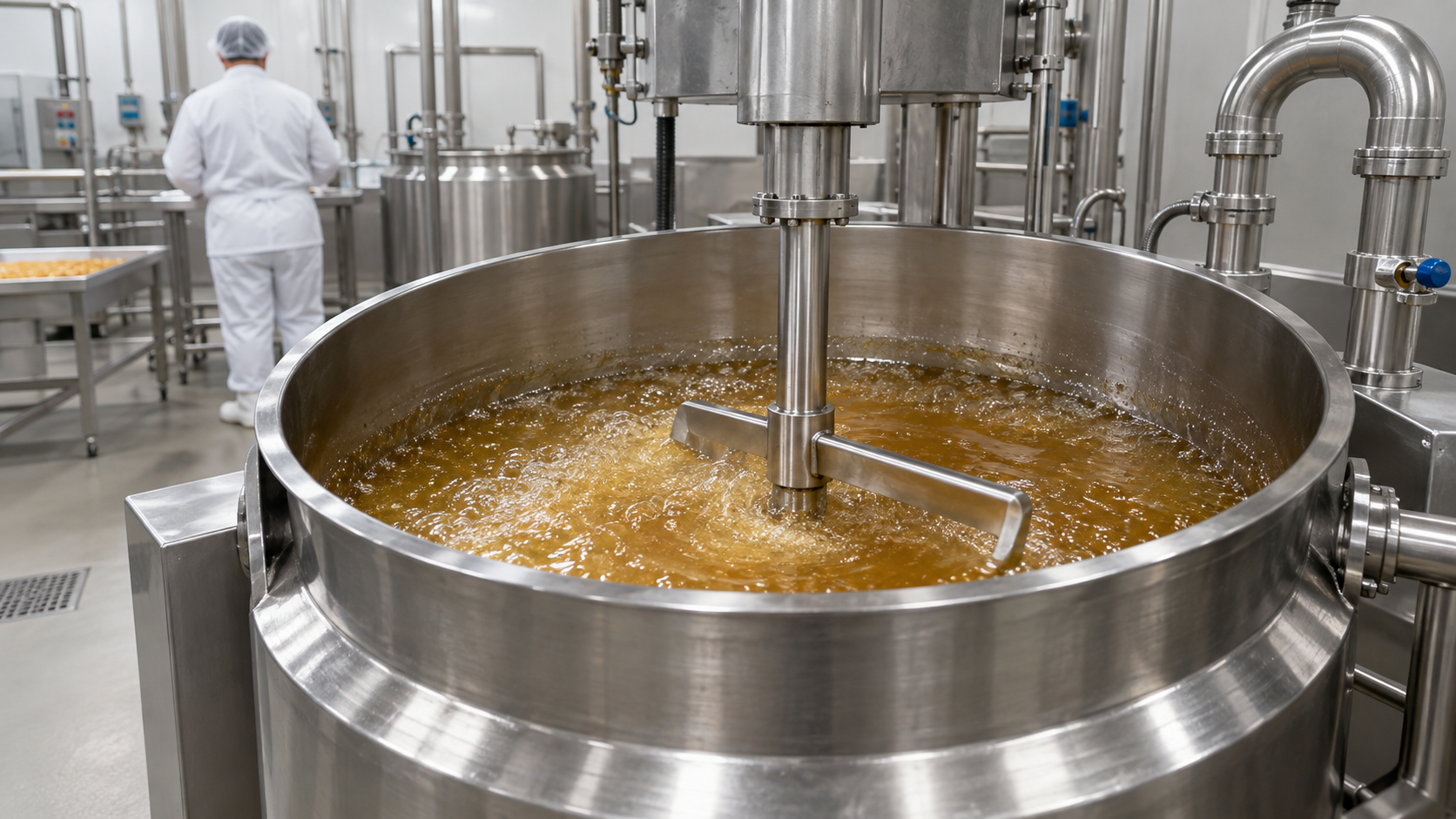 Generic stainless confectionery kettle cooking a sugar syrup with an operator in the background