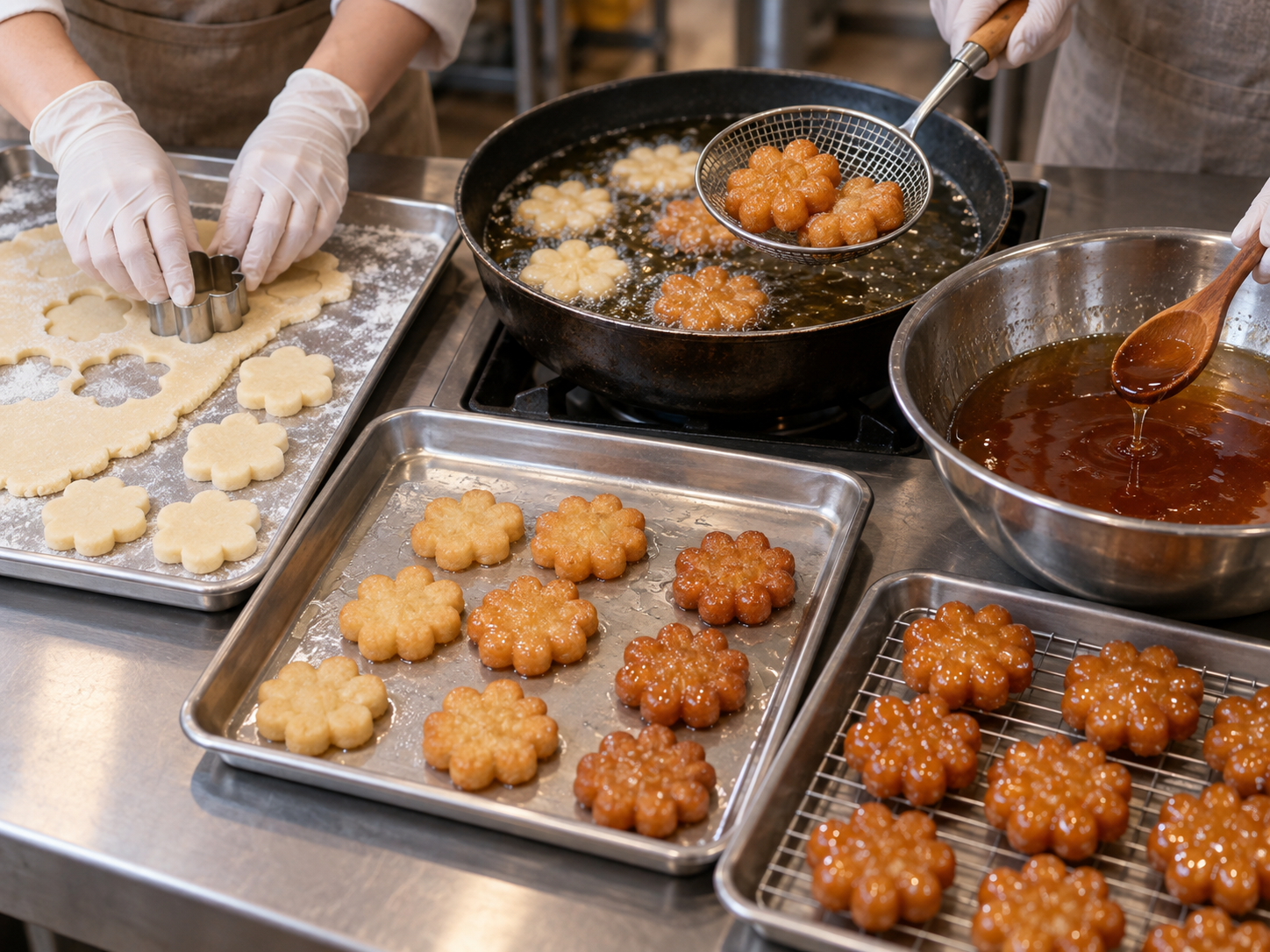 Generic flower shaped honey pastry pieces being formed and prepared for syrup finishing