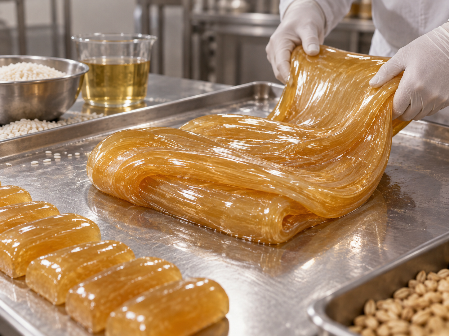 Glossy generic grain syrup taffy being cooled and shaped on a stainless confectionery tray