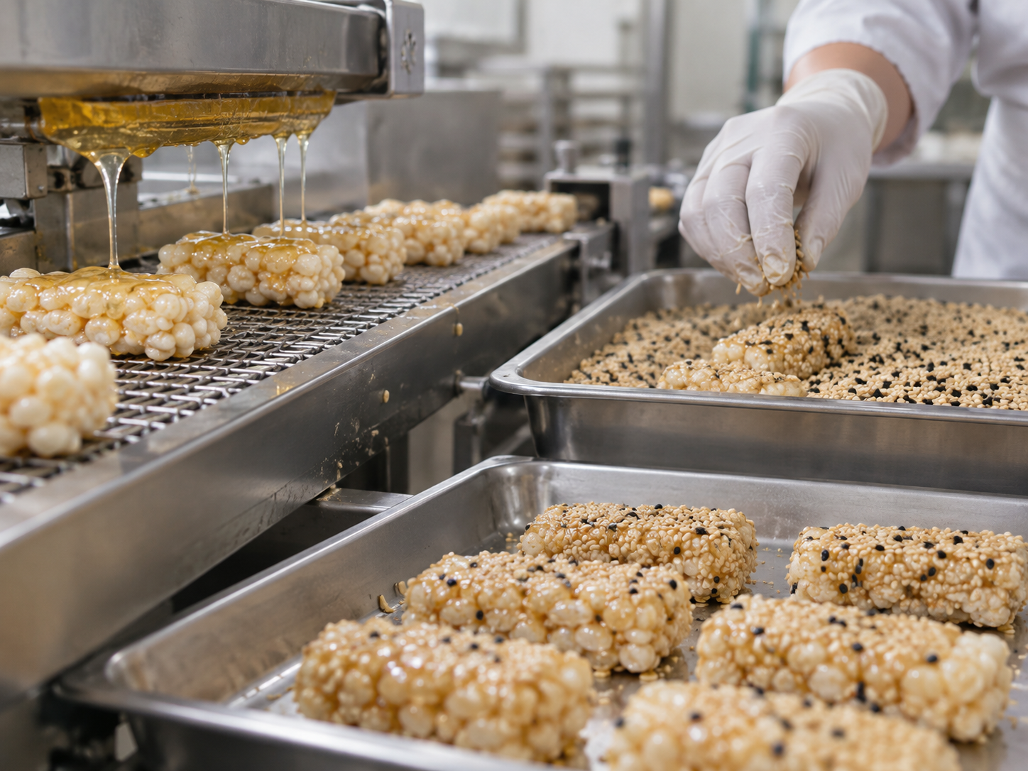 Puffed rice confectionery pieces receiving a light grain syrup and sesame coating in a generic food process scene
